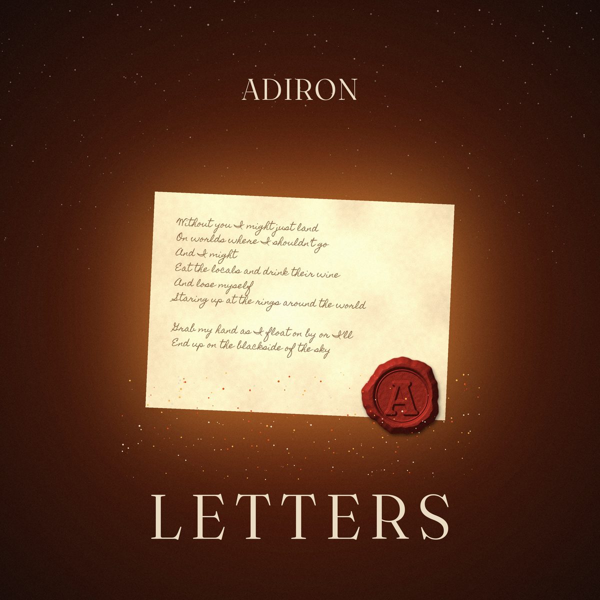 LETTERS album cover comp: a backlit handwritten letter with a red wax seal, embers glowing below