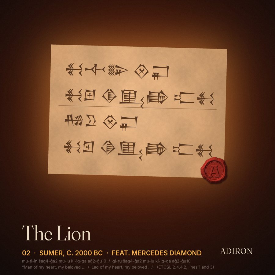 Single cover comp for The Lion: a backlit clay tablet with Sumerian cuneiform and a red wax seal